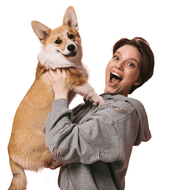 Happy woman holding a corgi
