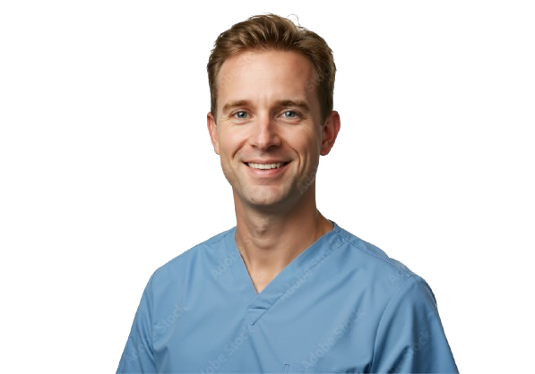 Veterinary professional wearing blue scrubs